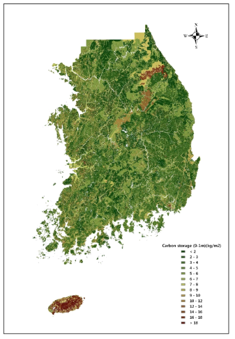 토양도 기반 토양탄소 저장량 (1m) 지도