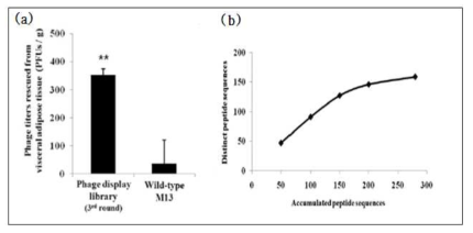 in vivo transdermal phage biopannig 결과 (a), 확인된 서열수의 증가에 따른 서로 다른 펩타이드의 수렴양상 (b)