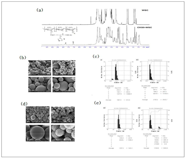 M-cell 표적형 펩타이드가 결합된 키토산 (CKS9-WSC)의 합성(a), CKS9-WSC가 코팅된 PLGA 마이크 로스피어의 형태 관찰(b)(d), 크기 측정(c),(e)