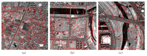 기준 영상에 삼각망 중첩 결과 (a) 대상지역 1, (b) 대상지역 2, (c) 대상지역 3