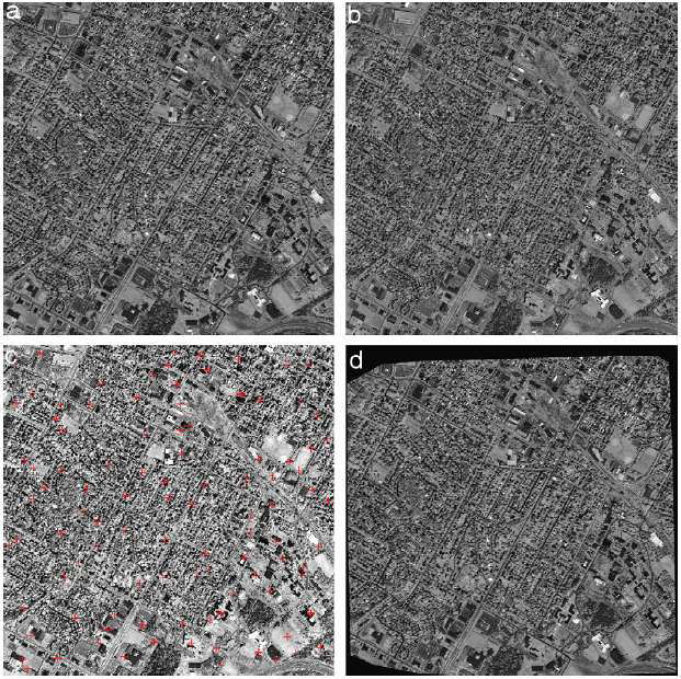 a : 기하보정 대상영상(2000년 IKONOS 영상) b : 기준영상(2002년 IKONOS 영상) c : 기준영상에서의 기준점 분포 d : 기하보정된 결과 영상