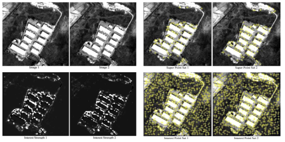 Interest strength 영상과 추출된 super-point 및 특징점 결과