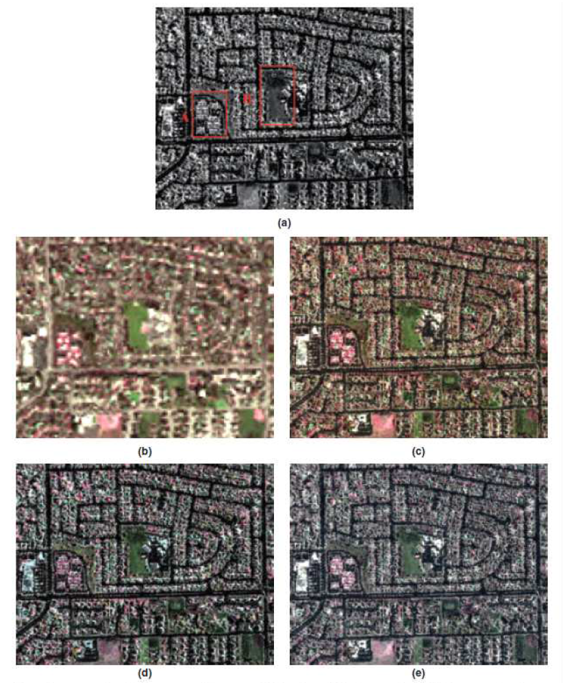 항공 SAR와 SPOT 다중분광영상의 융합 결과 (a) Star-3i 영상, (b) SPOT 다중분광영상, (c) 제안방법의 융합결과, (d) IHS 융합결과, (e) 웨이블렛 융합결과