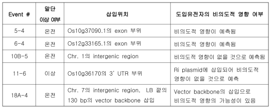 스트레스 저항성 HOB1 형질전환 벼의 삽입위치 해명을 통한 우량 이벤트 선발 결과 요약