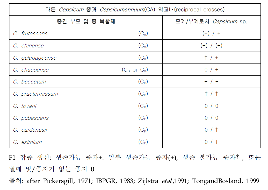 3종의 재배종 복합체에서 다른 Capsicum과 Capsicumannuum의 이종교배 가능성(잡종 생존능력 포함)