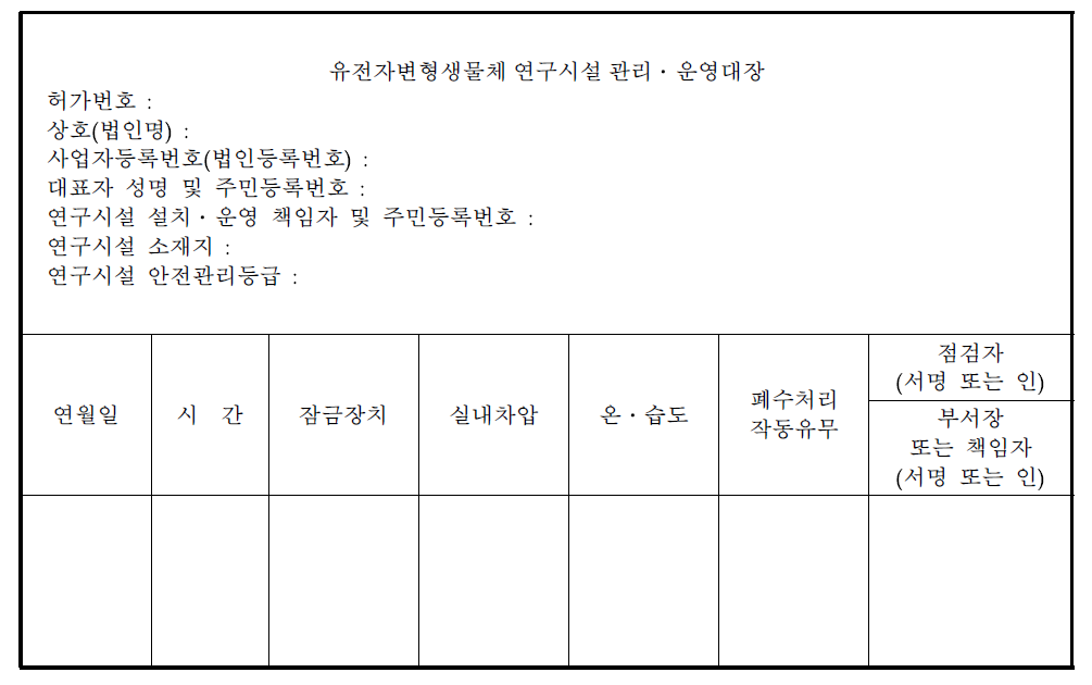 유전자변형생물체 연구시설 관리․운영대장(별지 제30호 서식)