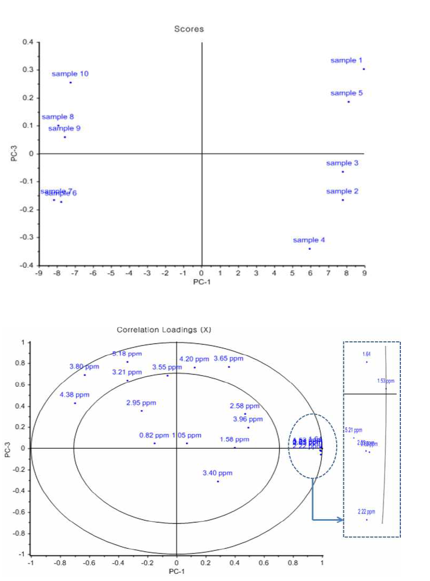 PCA plots of PC1 vs PC3 scores based on data from 1H NMR spectra. Top: score plots, down: loading plots correlation