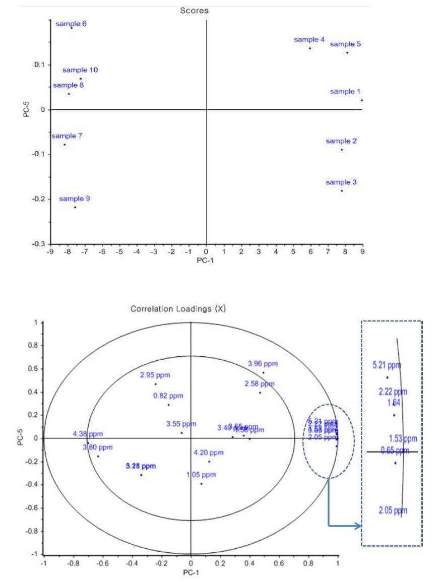 PCA plots of PC1 vs PC5 scores based on data from 1H NMR spectra. Top: score plots, down: loading plots correlation