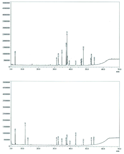 Gas chromatography spectra of lipid fraction of flounder serum. Top: Before vaccine injection, down: After vaccine injection