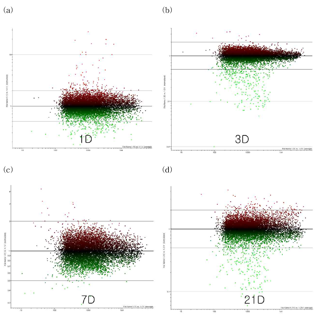 MA for DNA microarray chip (a) 1d, (b) 3d, (c) 7d, (d) 21d