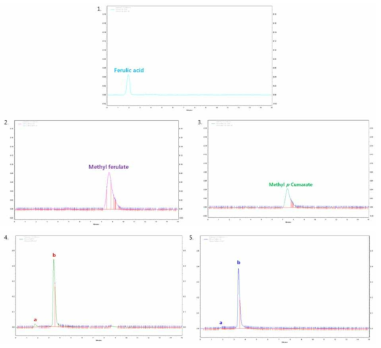 HPLC analysis of FEase reaction products. Lane 1, Ferulic acid control; Lane 2, Methyl ferulate control; Lane 3, methyl-p-coumarate control; Lane 4, reaction products with methyl ferulate as substrate, a, ferulic acid; b, p-coumaric acid; Lane 5, reaction products with methyl-p-coumarate as substrate