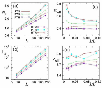 여섯 가지 모형에 대해 정상상태 폭 Ws (a)과 변환 시간 tx (b)를 시스템의 길이의 함수로 나타냄. 시스템은 다섯 번째 근사 타일링부터 열 번째 근사 타일링까지 사용됨. 로그 스케일인 이들 그래프의 시스템 크기 별 기울기로 유효 스케일링 지수를 구하여 (c)와 (d)에 나타냄. (a) 그래프의 기울기인 유효 거칠기 지수를 (c)에 시스템 길이 분의 1의 함수로 나타내어 열역학 극한 감을 추론할 수 있게 함. (b) 그래프의 기울기인 유효 동력학 지수는 (d)에 시스템 길이 분의 1의 함수로 나타냄