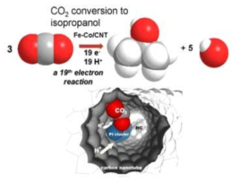 Carbon-Nano Tube 전극촉매상에서 CO2의 Isopropanol로의 자원화 반응에 대한 개략도 (G. Centti and S. Perathoner, Topics Catal. 52 (2009) 948)