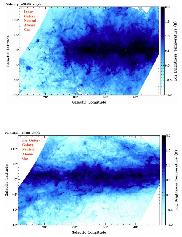 I-GALA 자료를 이용하여 작성한 우리 은하의 태양궤도 안쪽(위)과 바깥쪽(아래) 영역의 HI 가스의 분포 지도, 고분해능과 고감도의 I-GALFA 자료는 은하 안쪽 영역의 은하면에 수직하게 늘어난 필라먼트, 작은 덩어리 등의 복잡한 구조와 더불어 은하 바깥쪽의 은하면을 따라 길게 늘어난 구조들을 보여준다