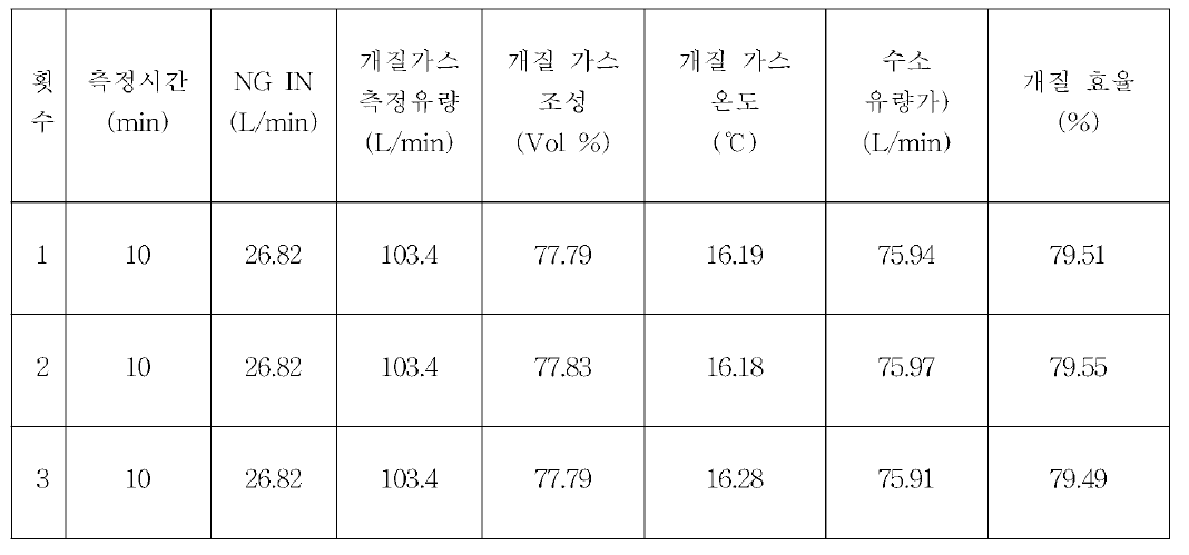 외부전문가 입회 개질효율 측정 결과