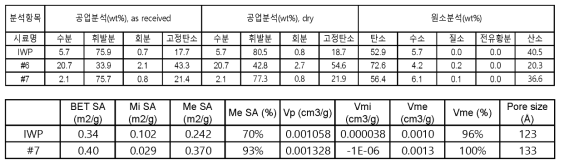 Raw IWP와 #6, #7의 공업분석，원소분석，BET 분석