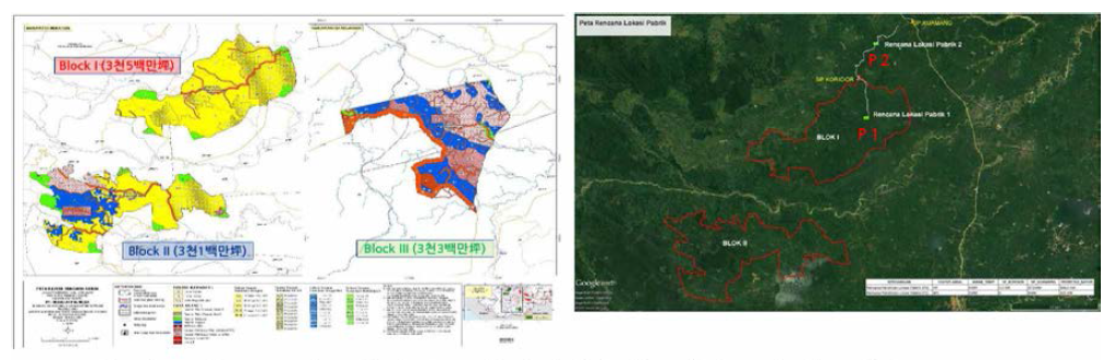 Jambi주 3개 블록 조림 사업지와 우드펠릭 공장 후보지 (P1 & P2)