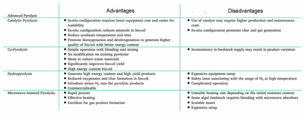 Advanced pyrolysis 기술들의 장단점 비교