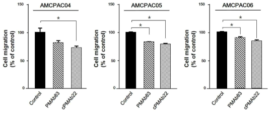 키메라항체 cPMAb22와 PMAb83에 의한 원발암세포주의 이동능 억제