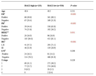 유방암 환자에서 BAG2 단백질 발현에 따른 임상병리학적 특징 (1)