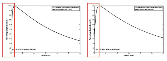 임상에서 사용되는 6 MV와 10 MV 광자선의 깊이에 따른 흡수 방사선량 분포. 표면을 포함한 최대선량깊이 이전의 얕은 깊이에서 방사선량이 급격하게 변화함을 확인할 수 있음