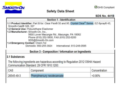 Crystal clear series의 MSDS에 페닐수은 계열의 물질이 들어 있음을 보여줌