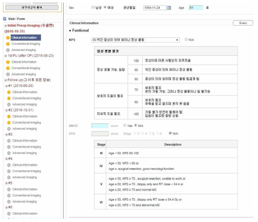 본 연구진에서 임상과와 통합 기획한 영상-임상 정보 통합 뇌종양 환자 미니 코호트 실제 예시