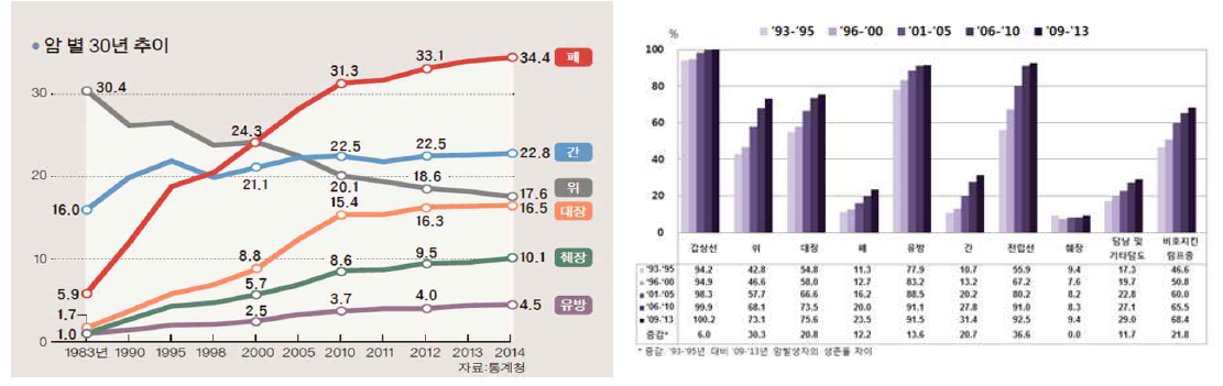 최근 암종별 사망률(좌) 및 5년간 생존률(우) (통계청, 국가 암 정보센터 2015년 자료)