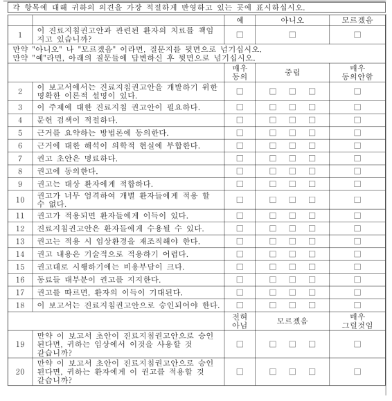 [섬망 관리지침]에 대한 의견 평가표