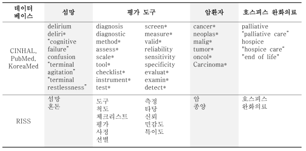 데이터베이스별 섬망 평가 도구 검색어