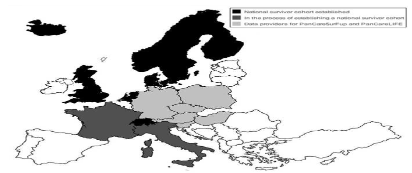 유럽의 소아암 생존자 코호트 보유 국가 (2015) (자료원: Winther, J. F., et al (2015). Childhood cancer survivor cohorts in Europe. Acta Oncologica.)