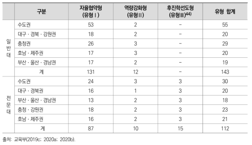 유형 및 권역별 대학혁신지원사업 선정 대학 현황(2019년)