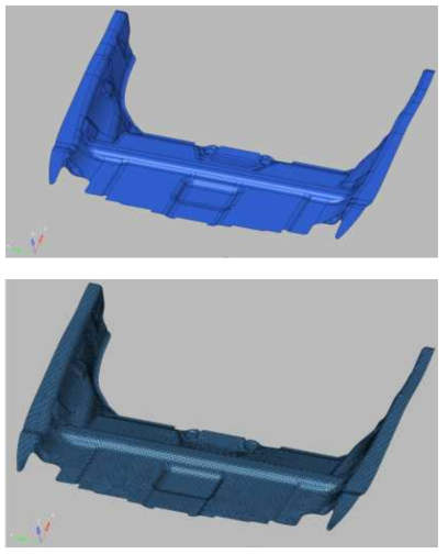 3D cad 모델(위) 및 요소망 모델(아래)