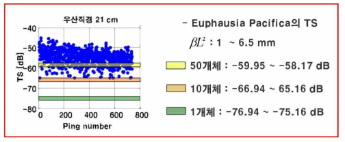 Target strength (TS) as number of krill affected TS of jellyfish (Nemopilema nomurai , diameter: 21 cm)