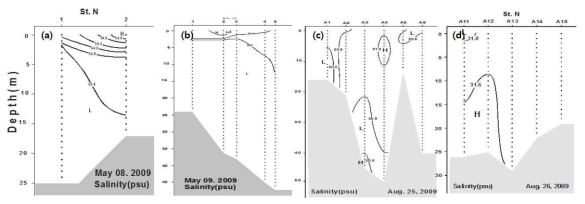 Vertical distribution of salinity on May and August, 2009 near the Gumo Islands