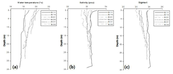 Vertical distribution of water temperature, salinity and sigma-a on July, 2011 near the Gumo Islands