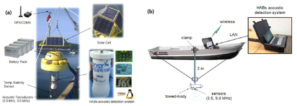 Configuration of acoustic detection system, buoy type (a) and shipboard type (b)