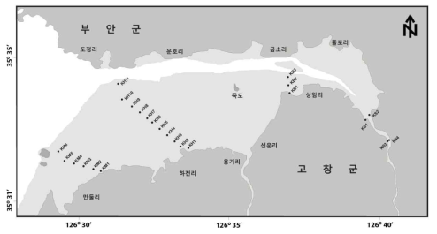 곰소만 갯벌의 대형저서동물 조사 정점도(KS, KB, KH, KM 조사선)