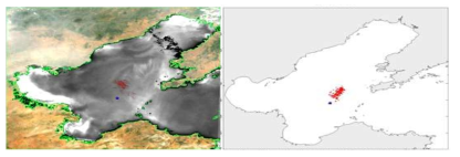 실험 1의 2011년 6월 13일 13:00의 위성사진(좌)과 같은 시각의 수치실험의 결과 비교