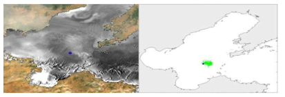 실험 2의 2011년 6월 14일 12:00의 위성사진(좌)과 같은 시각의 수치실험의 결과 비교