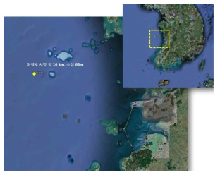 어청도 해양관측부이 위치 (노란색원: 어청도 서방 약 10km 해상, 수심 68m)
