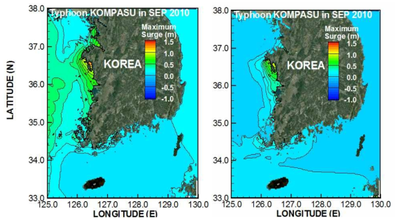 2010년 태풍 KOMPASU의 정밀바람과 기압장을 활용한 연안 최대 해일고 : (a) ROMS, (b) ROMS-SWAN