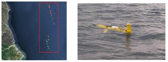 (좌)후포항 대상 영역, (우)수중 글라이더가 수면에서 대기 중인 모습