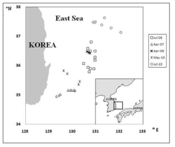 동해 서남부해역의 해수중 POC 농도 측정을 위한 현장관측 정점(2006년 7월, 2007년 4월, 2009년 4월, 2010년 5월, 2010년 7월)