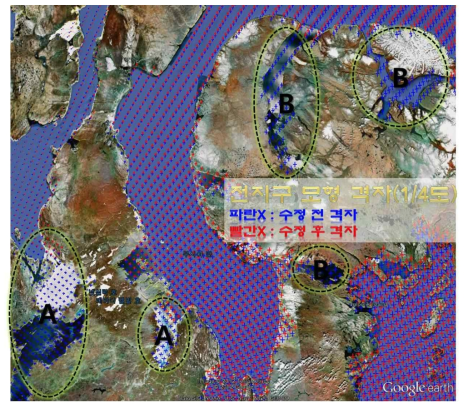 북극 지역에 대한 수심 격자 수정 전과 수정 후의 비교