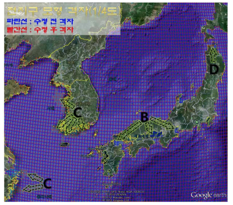 우리나라 주변해역에 대한 수심 격자의 수정 전과 수정 후의 비교