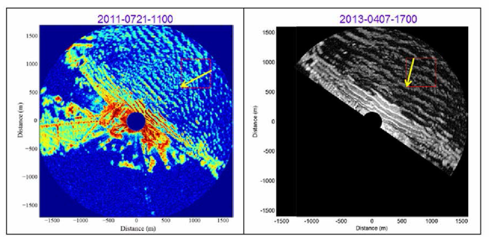 Comparison between radar image for July (left) and April (right), 2013