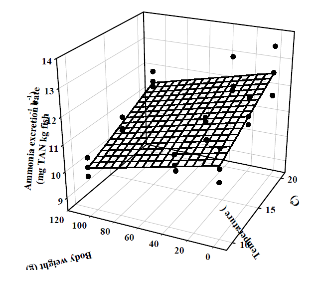 강도다리 체중과 수온에 따른 암모니아 배설률의 3차원 모식도