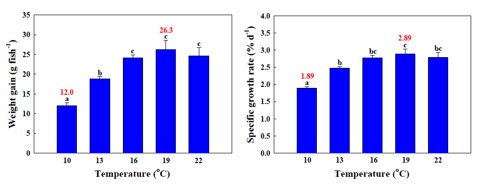 강도다리 치어의 사육 수온별 증체량(왼쪽) 및 일일성장률(오른쪽) 조사 결과