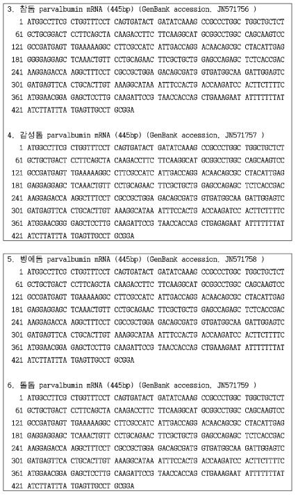 어종별 parvalbumin mRNA의 염기서열 (계속)
